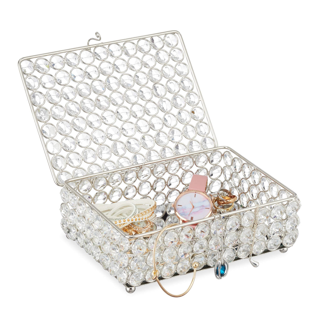 Relaxdays Schmuckdose, glamouröses Kristalldesign, verspiegelter Boden, Schmuckkästchen, HxBxT 7 x 1