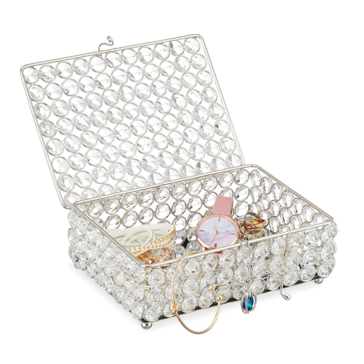 Relaxdays Schmuckdose, glamouröses Kristalldesign, verspiegelter Boden, Schmuckkästchen, HxBxT 7 x 1