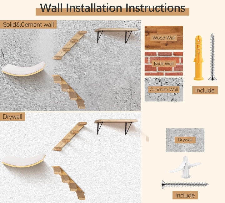 Katzen Kletterwand, Gebogenes Katzen-Wandregal mit Schaumstoffmatte, Wandmontiertes Massivholz Katze