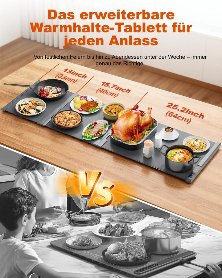 Erweiterbare Speisewärmerplatte 137x40 cm – Warmhalteplatte mit 7 Temperaturstufen, umschaltbar ℃/℉,