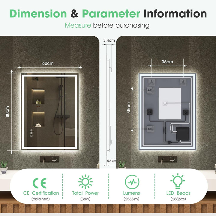 S'bagno Bluetooth-Badspiegel-mit-Beleuchtung-80x60cm, LED-Badezimmerspiegel mit Entfoggen, 3000K-650