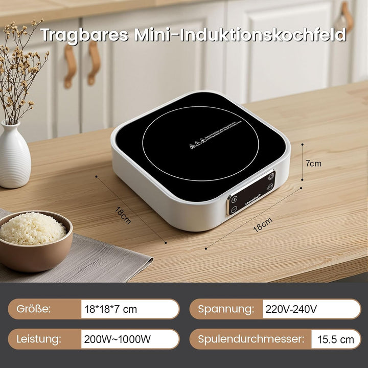 Mini Induktionskochplatte, 1000W Mini induktionskochfeld 1 Platte, Induktionsplatte mit 7 Leistungss