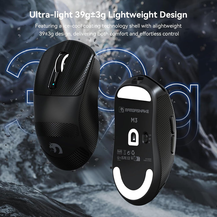 MAMBASNAKE M3 39g SUPERLEICHTE Kabellose Gaming-Maus mit Spiralkabel, PixArt PAW3395PRO-Sensor, Bis