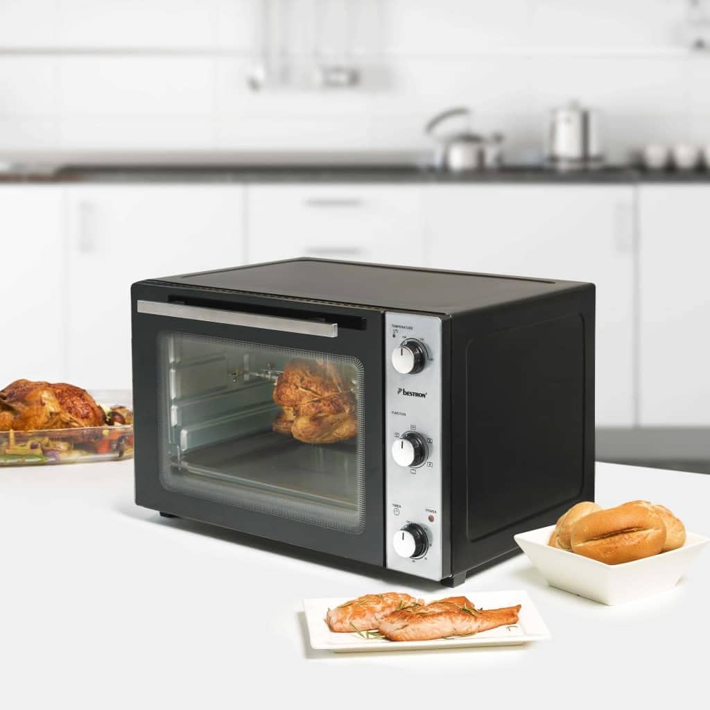 Bestron AOV55 2-in-1 Mini-Backofen mit Drehspiess, 55 Liter, 2000 W, Edelstahl, Schwarz 55 Liter Min