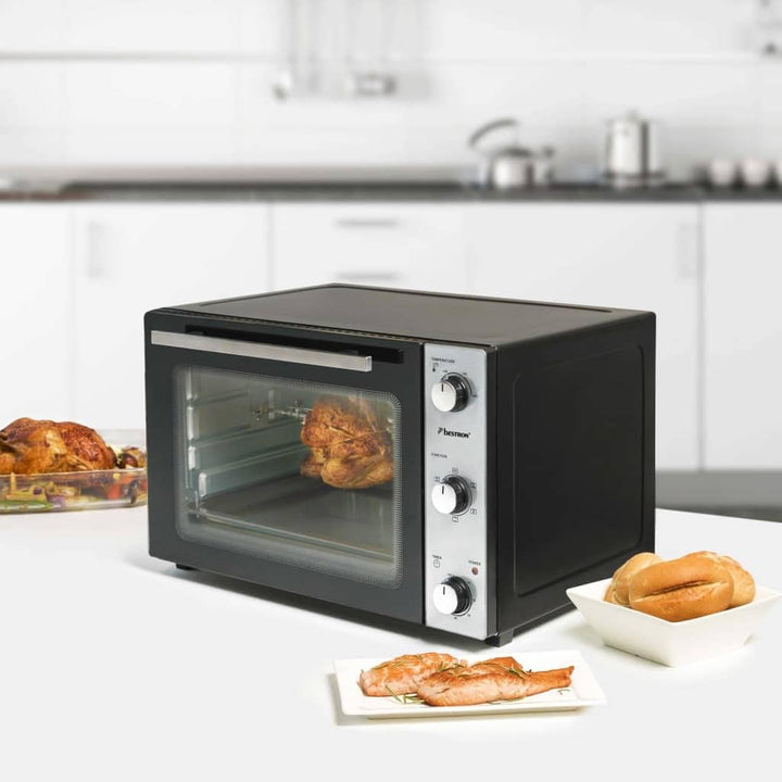 Bestron AOV55 2-in-1 Mini-Backofen mit Drehspiess, 55 Liter, 2000 W, Edelstahl, Schwarz 55 Liter Min