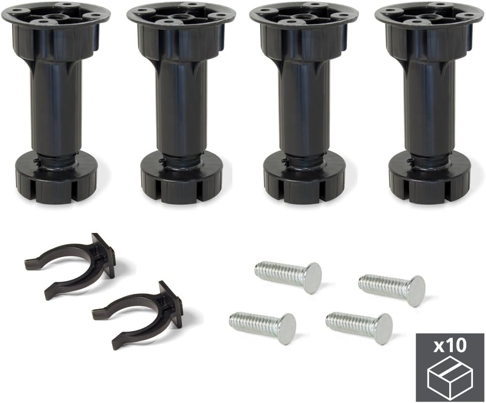 Emuca 2032517 Set aus 10 Sätzen aus 4 regulierbaren Füssen für Küche/Bad mit Zubehör Höhe 118-135mm