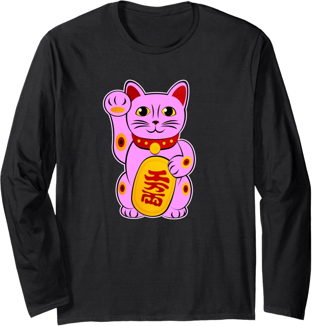 Winkekatze Pink Maneki Neko Glückskatze Lucky Yoga Cat Katze Langarmshirt