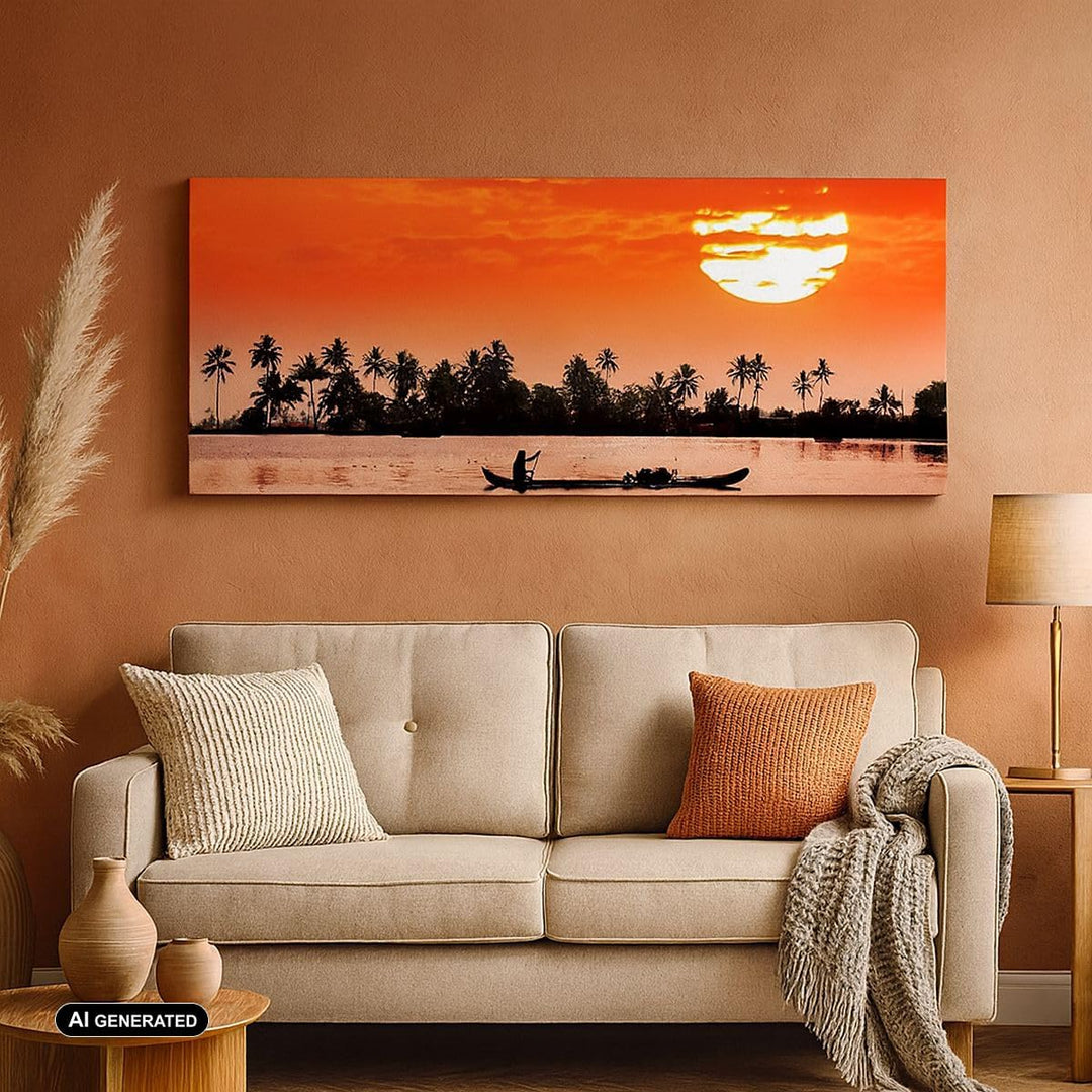 ARTTOR Wandbilder Dekoration Wohnzimmer Kanal boot kultur sonnenuntergang Bilder auf Leinwand 120x50