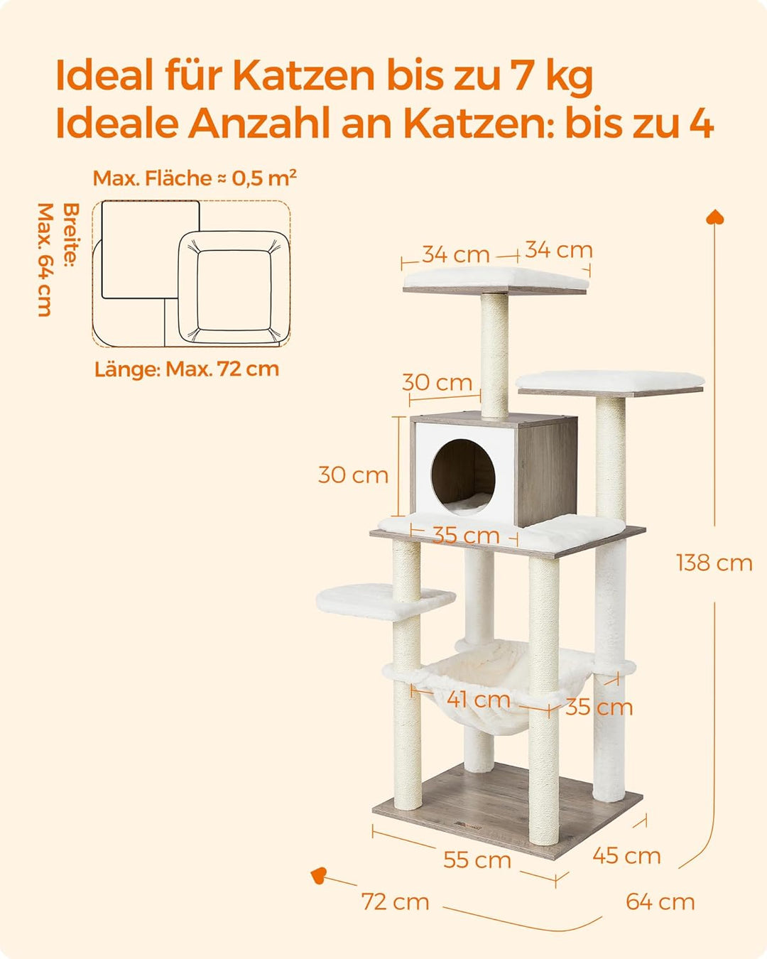 Feandrea Kratzbaum, 138 cm Katzenbaum, modern, mehrstöckiger Katzenkratzbaum, Kuschelhöhle, Sisalstä