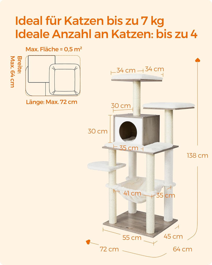 Feandrea Kratzbaum, 138 cm Katzenbaum, modern, mehrstöckiger Katzenkratzbaum, Kuschelhöhle, Sisalstä