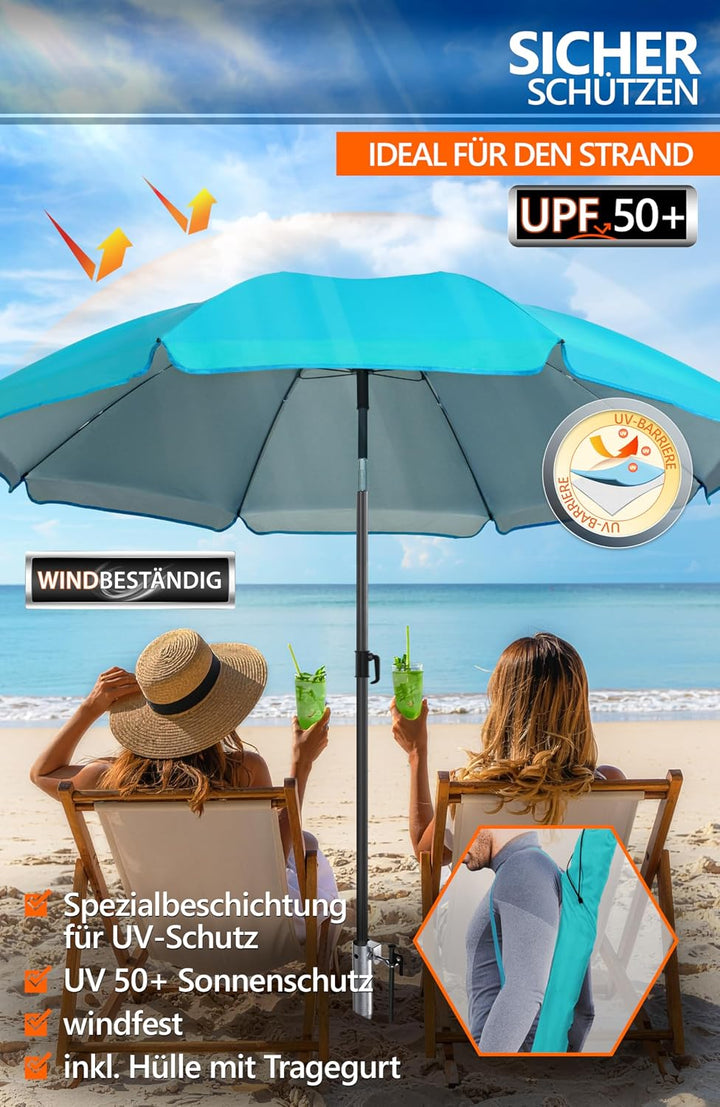 4smile Sonnenschirm Strand Ø 200 cm mit Eindrehbodenhülse, Türkis | Strandschirm windfest stabil mit