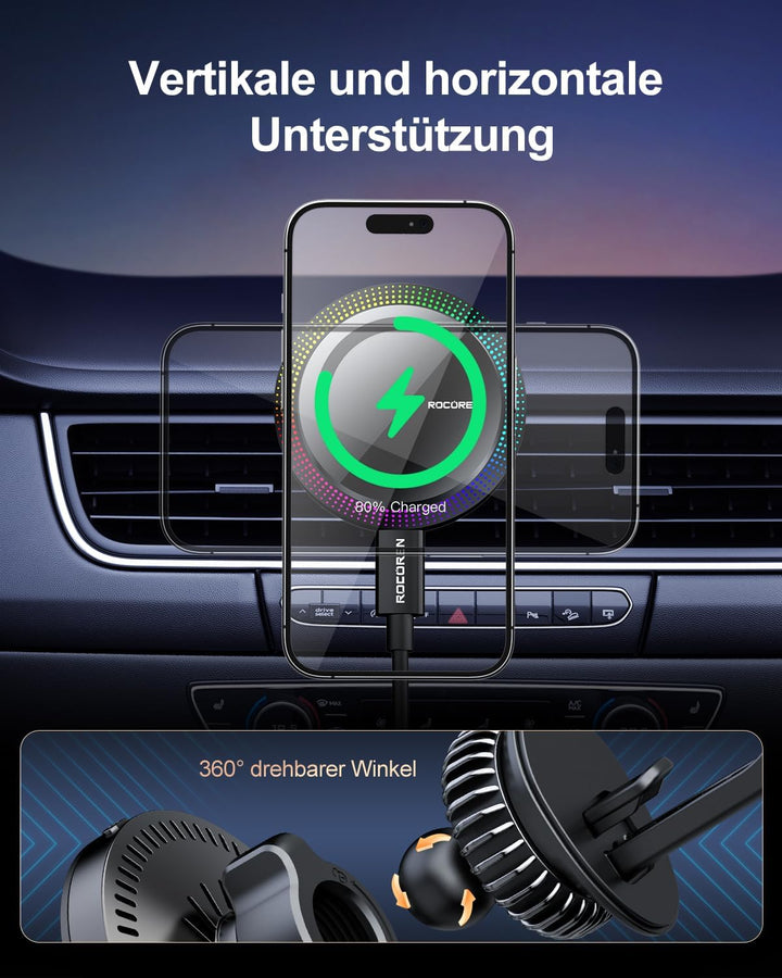 Rocoren für MagSafe Autohalterung mit Ladefunktion, 15W für MagSafe Ladegerät Auto Lüftung, Kfz Hand