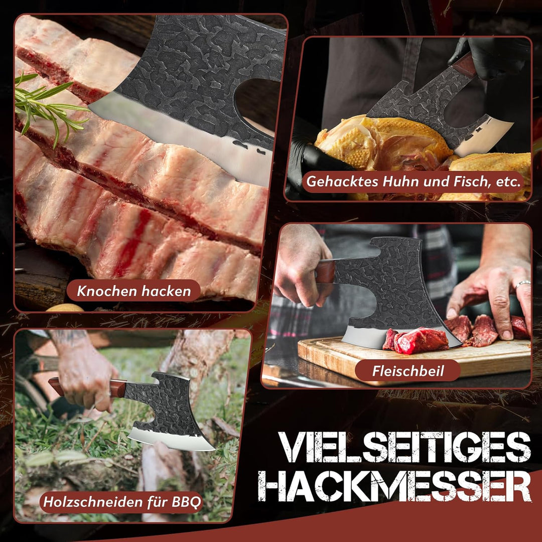 Purple Dragon Hackbeil Schwer für grosse Knochen und Fleisch, Full Tang Küchenbeil mit Lederscheide,
