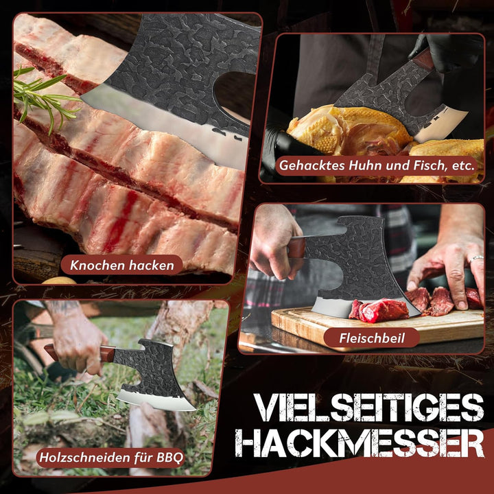 Purple Dragon Hackbeil Schwer für grosse Knochen und Fleisch, Full Tang Küchenbeil mit Lederscheide,