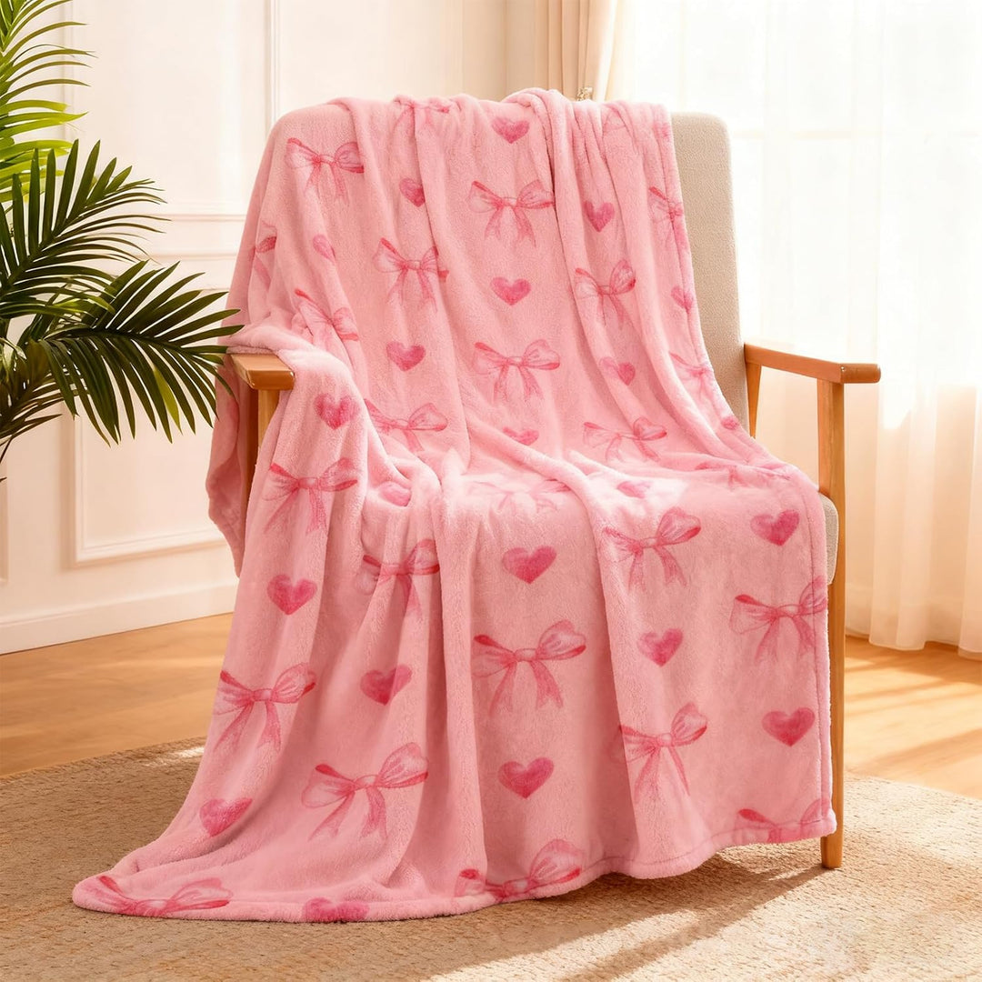 Rosa Schleife Flauschig Kuscheldecke, Decke Aesthetic mit Schleifen und Herzen, Kuscheldecke 130x150