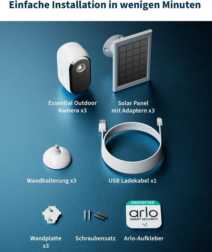 Arlo Essential 3 HD Überwachungskamera Aussen & 3X Solar, Kabellos, 1080p Video, Farbnachtsicht, Lic