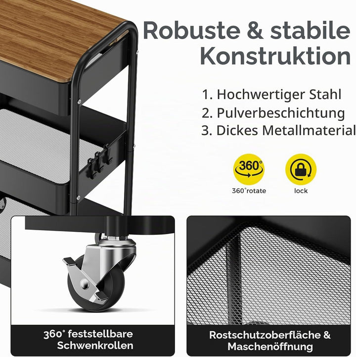 Shrivee 3-Tier Rollwagen mit Tischplatte, Servierwagen, rollender Allzweckwagen aus Metall, Regal au