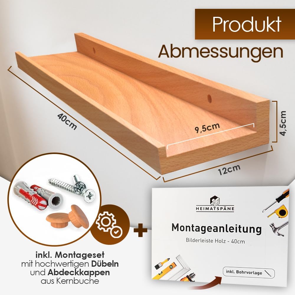 Bilderleiste Kernbuche 40cm - Wandregal Holz [inkl. Schraubenabdeckungen aus Echtholz] Regalbrett Ho