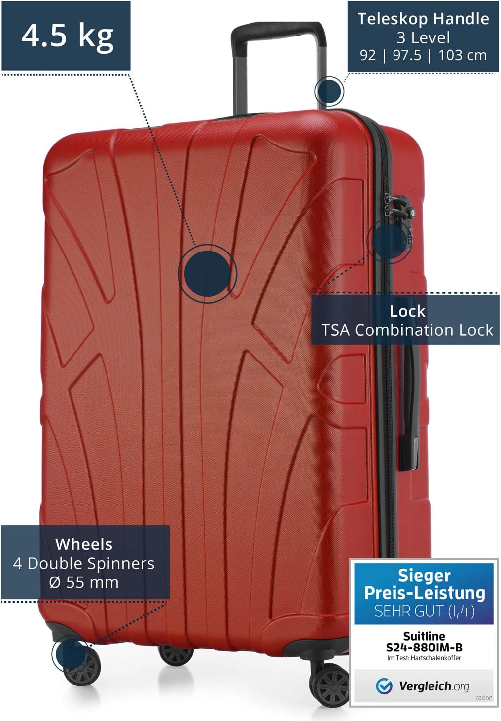 Suitline grosser Hartschalen-Koffer Koffer Trolley Rollkoffer XL Reisekoffer, TSA, 76 cm, ca. 96-110