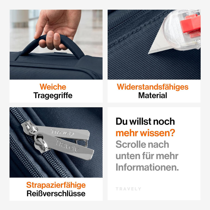 Travely Stoffkoffer M - Handgepäck Koffer mit Laptopfach bis 15,6", Koffer mit 4 Rollen und TSA Zahl