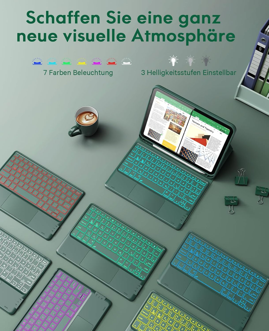 CHESONA Hülle mit Tastatur für iPad 10 Generation/11 Generation A16 2025, 7 Farben Beleuchtung, Mult