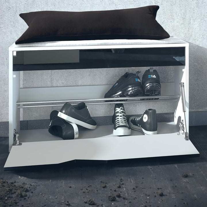Vladon Kolmio Schuhbank, Sitzbank für 8 Paar Schuhe, Schuhregal mit Sitzfläche, Weiss matt/Bordeaux