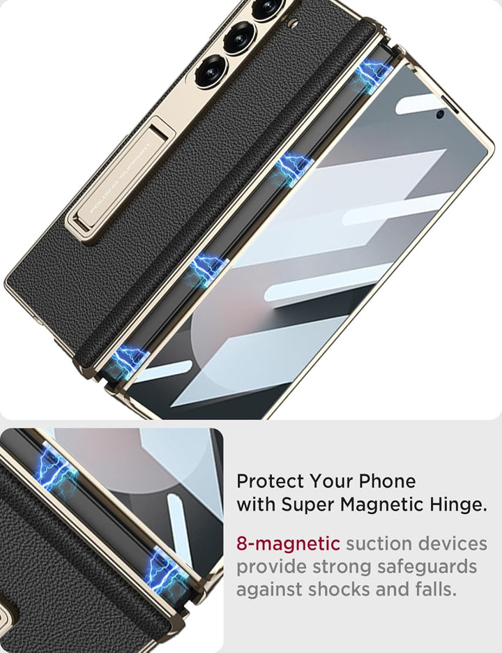 Miimall Lederhülle Kompatibel mit Samsung Galaxy Z Fold 6 Hülle mit Displayschutz+Scharnierschutz, S