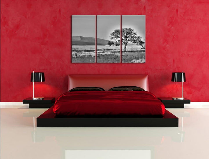 Pixxprint Monocrome, einzelner Baum in Wüste 3-Teiler Leinwandbild 120x80 Bild auf Leinwand