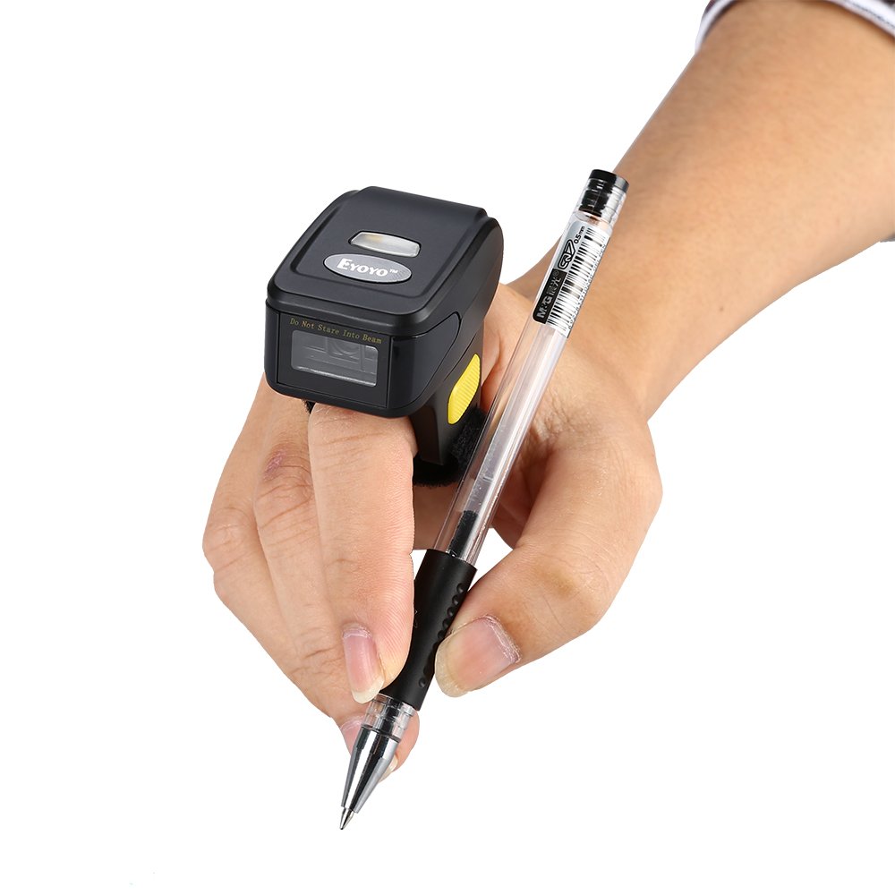 Eyoyo Ring 1D 2D QR-Barcode-Scanner, tragbarer drahtloser Finger-Mini-Barcode-Leser Kompatibel mit W