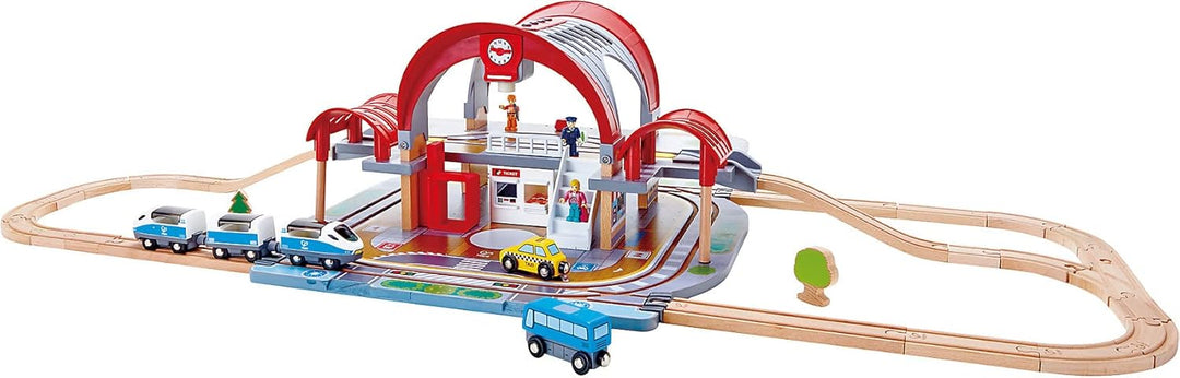 Grossstadtbahnhof von Hape | Bahnhofsset für Fantasiespiele aus Holz und mit Projektor und Rekorder