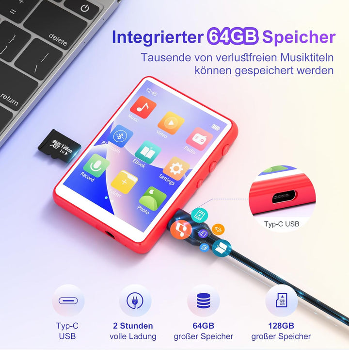 MECHEN 64GB MP3 Player Bluetooth, 2,4 Zoll Touchscreen MP3 Player mit Kopfhörer, FM-Radio, Dictaphon