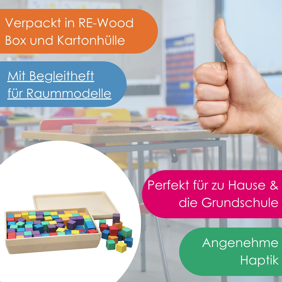 WISSNER® aktiv Lernen – 150 Farbige Würfel 2 cm, RE-Wood, in 6 Farben, nachhaltig & schadstofffrei,