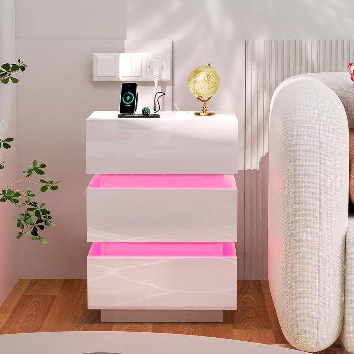 PIPIPOXER LED Nachttisch 2er Set mit Steckdose & USB, Nachttisch Weiss Hochglanz mit 3 Schubladen, N