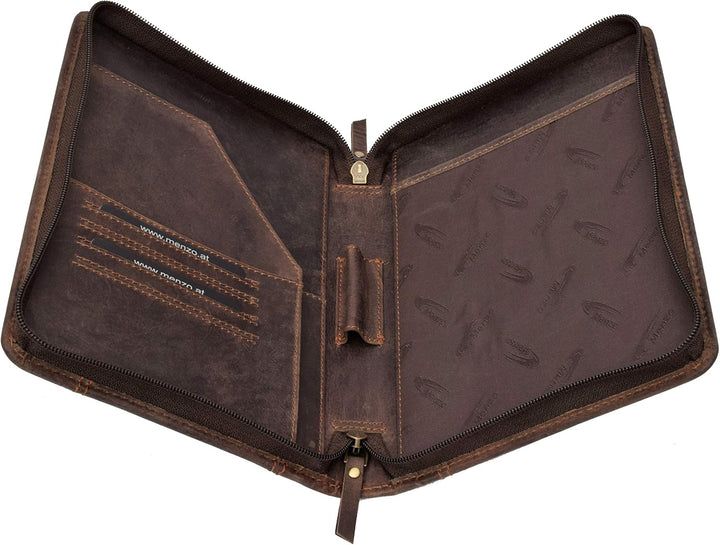 Menzo A5 Schreibmappe aus echten Leder, Dokumentenmappe, Damen und Herren, Mappe… (marrone), marrone