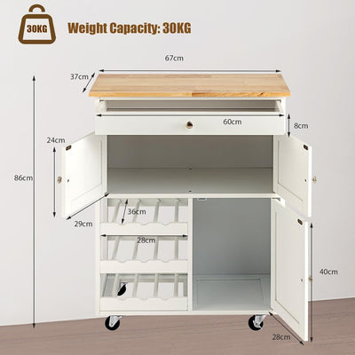 KOMFOTTEU Küchenwagen auf Rollen, Kücheninsel mit Weinregal & 2 Schränke & Schublade, Servierwagen a