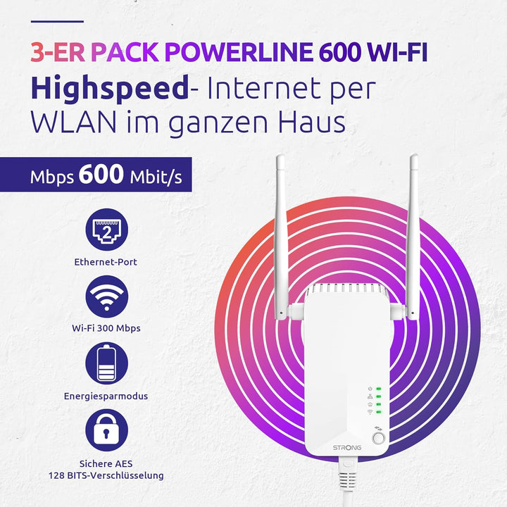 STRONG Powerline Wi-Fi 600 Triple Pack | enthält 2 Powerline 600 Adapter und einen Powerlan WLAN 600