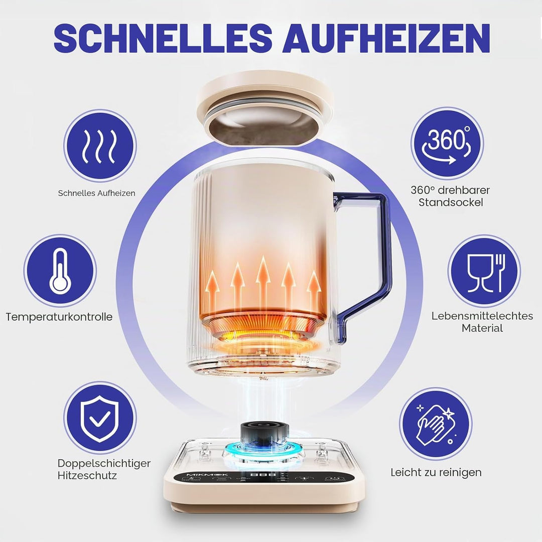 MIKMOK Elektrischer Tassen-Wasserkocher 400ml 300W Edelstahl 304 | Regelbare 40–100°C LED-Temp, Disp