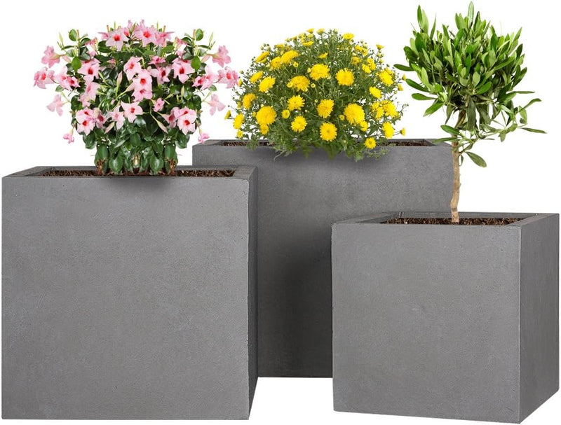 Pflanzwerk® Pflanzkübel Fiberglas Cube Grau 3er-Set 23cm + 28cm + 34cm *Frostbeständig* *UV-Schutz*