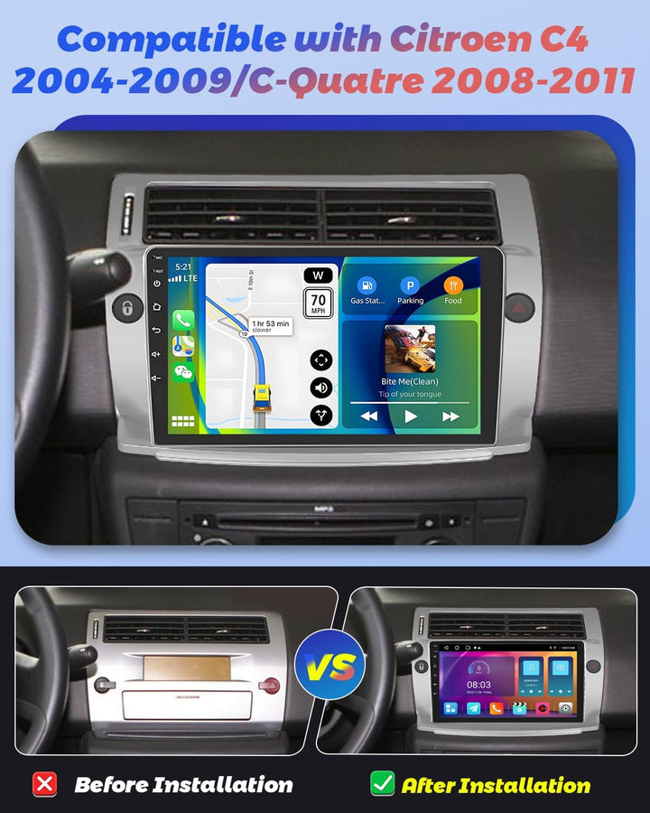 Hikity 2+64GB Android 15 Autoradio für Citroen C4 2004-2009/C-Quatre 2008-2011 Radio Wireless Carpla
