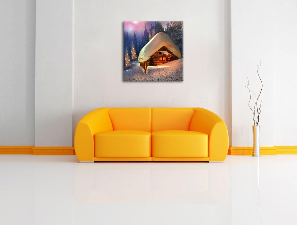 Pixxprint Hütte in Schneelandschaft / 70x70cm Leinwandbild bespannt auf Holzrahmen/Wandbild Kunstdru