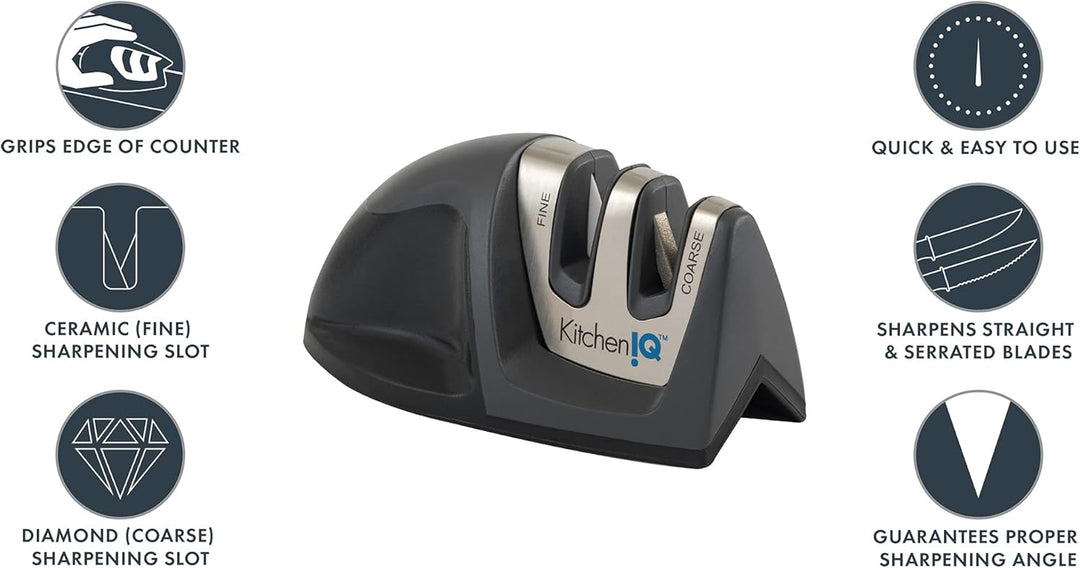 KitchenIQ 50825, Diamant Deluxe Edge Grip, 2-stufiger Messerschärfer, schwarz, grob und fein, kompak