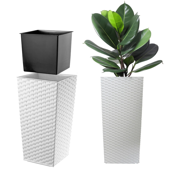 KADAX Pflanzkübel mit Innentopf, Höhe 68cm, Weiss Rattan – Wetterfester Blumentopf für Innen & Ausse