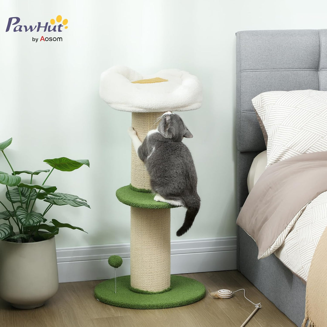 PawHut Kratzbaum mit Blumen mit 3 Ebenen, Höhe 92 cm, Kratztonne für Katzen mit extra Dicker Stange,