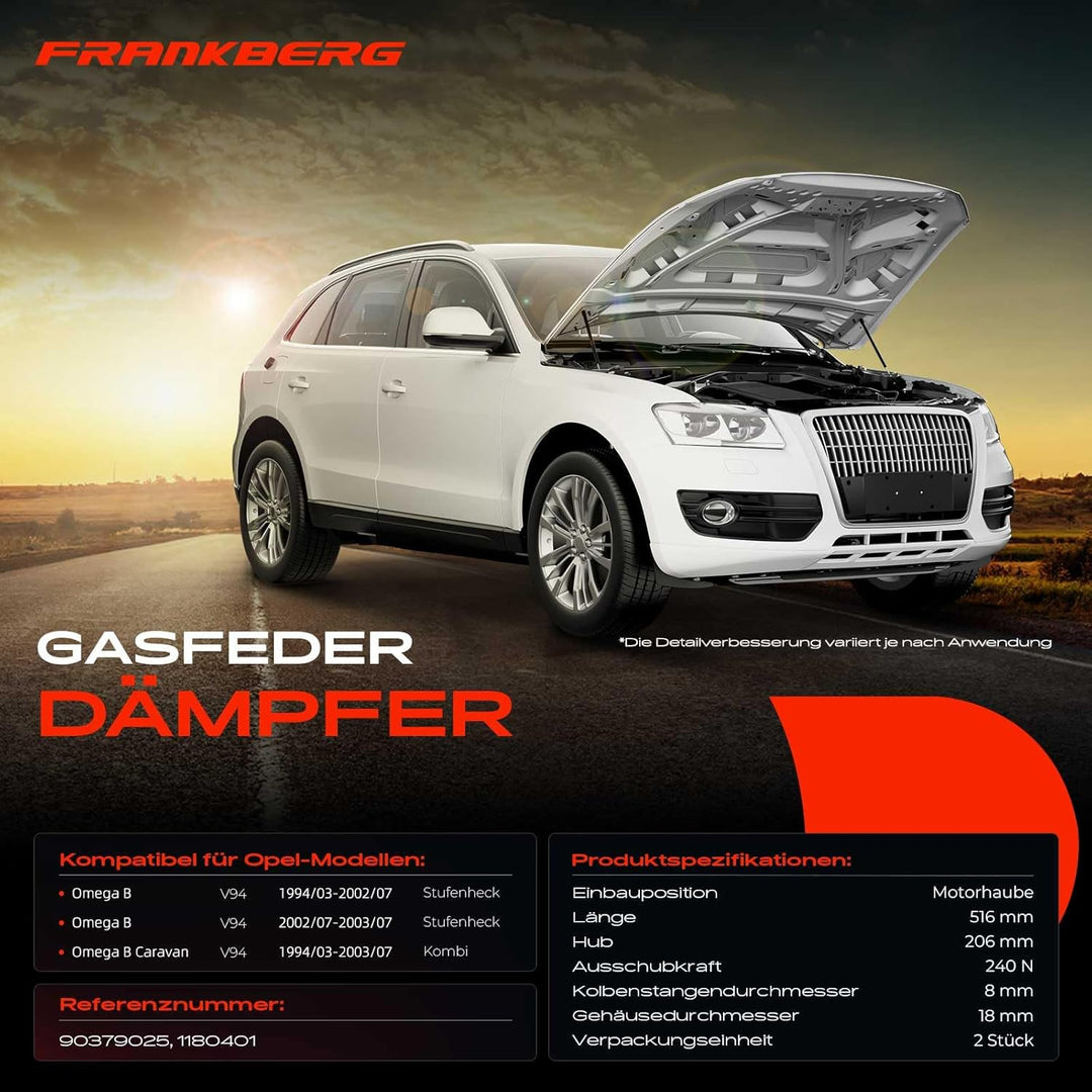 Frankberg 2x Gasfeder Dämpfer Motorhaube Kompatibel mit Omega B V94 Kombi 1994-2000 Omega B Caravan