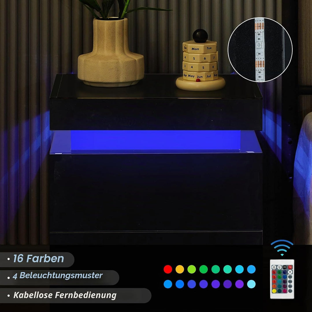 CLIPOP Nachttisch mit LED, Hochglanzfront Kommode mit 2 Schubladen mit 16 Farben RGB LED-Leuchten, 2