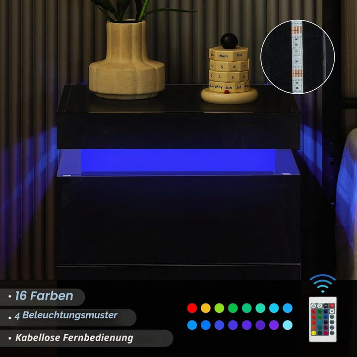 CLIPOP Nachttisch mit LED, Hochglanzfront Kommode mit 2 Schubladen mit 16 Farben RGB LED-Leuchten, 2