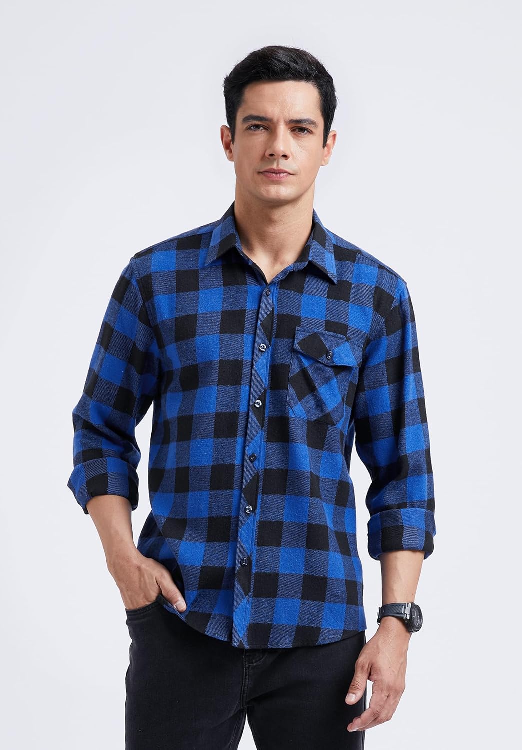 HISDERN Herren Hemd Checked Flanell Shirt, Herren Langarm Oberteil für Männer mit Brusttaschen, Butt