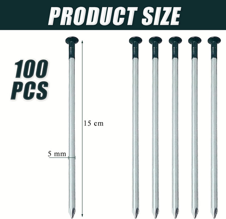 100 Stück robuste Kunstrasennägel, 5 mm x 150 mm, verzinkte Rundkopfnägel, halbgrüne Kunstrasennägel
