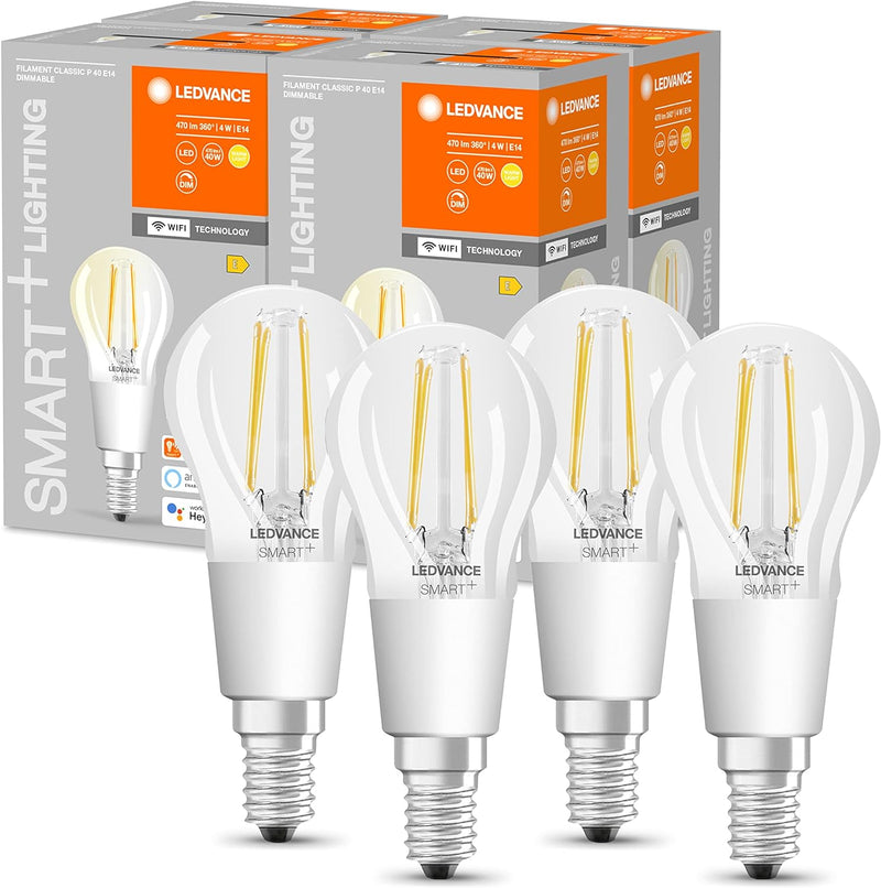 LEDVANCE Smarte LED-Lampe mit Wifi Technologie, Sockel E14, Dimmbar, Warmweiss (2700K), Tropfenform,