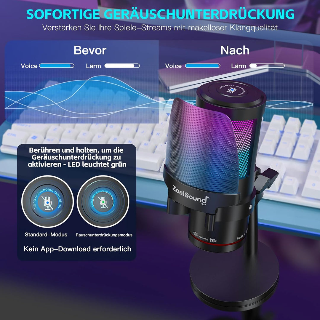 ZealSound Gaming Mikrofon PC, RGB Tischmikrofon mit USB-C &Lightning Adapter,Touch-Stummschaltung, G